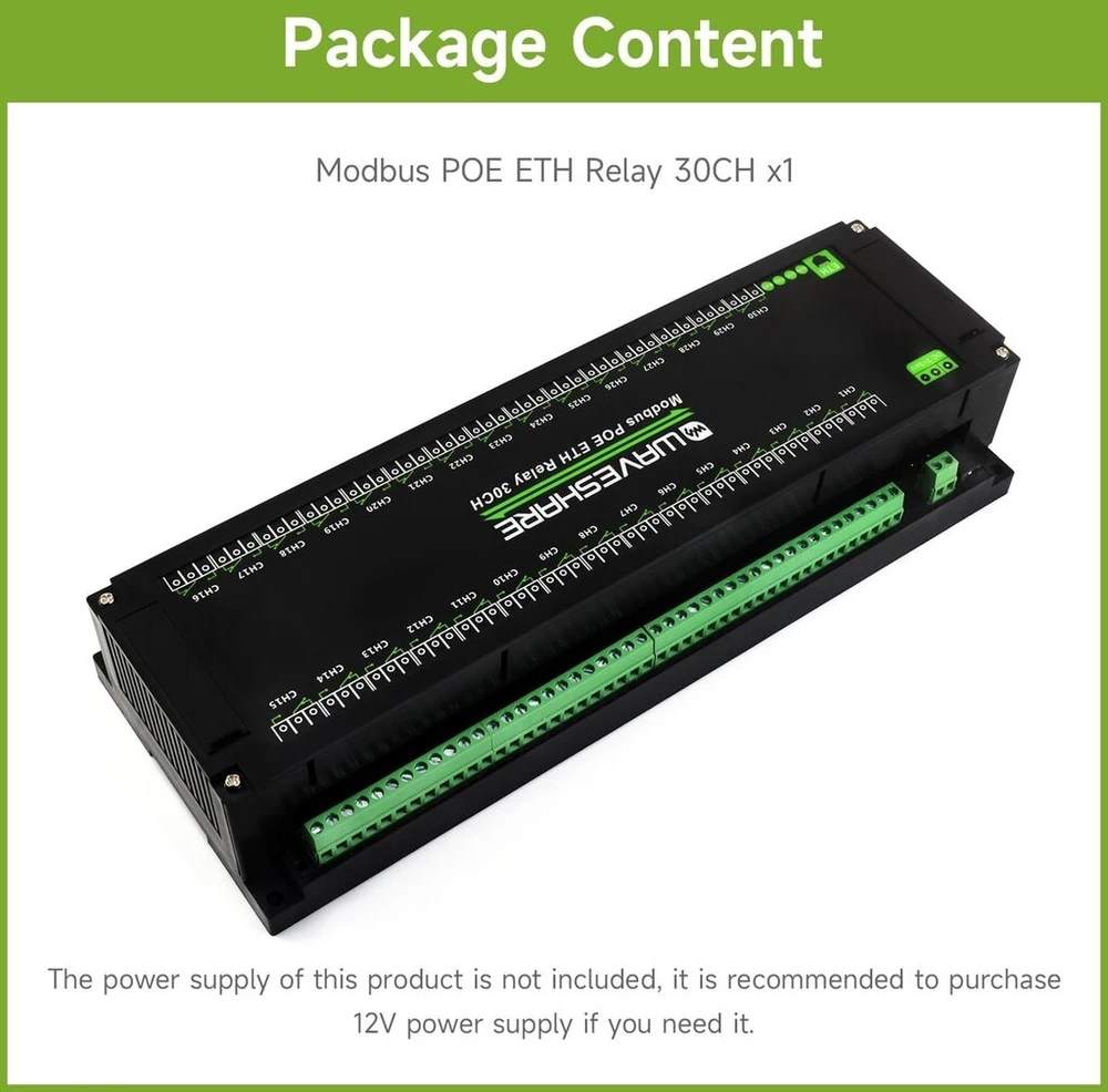 Waveshare 30 kanalų ethernet relės modulis, modbus rtu/modbus tcp protokolas, poe prievado komunikacija, su įvairiomis izoliacijos ir apsaugos grandinėmis, pramoninės klasės montuojamas ant din bėgelio korpusas