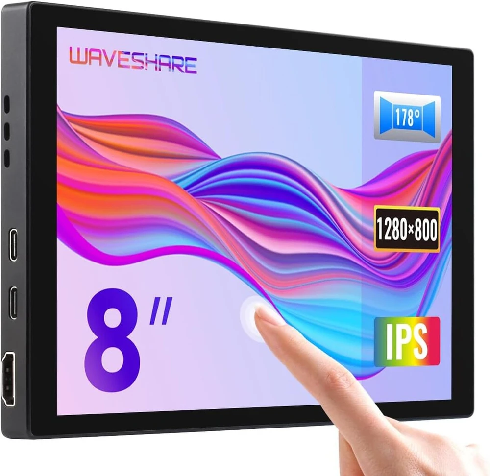 Monitorius Waveshare 8 colių talpinis jutiklinis ekranas, plati spalvų gama, 1280 x 800, optiškai sujungtas grūdinto stiklo skydelis, hdmi/type-c ekrano sąsaja, su garsu, kompiuterio dvigubas ekranas bendradarbiavimui