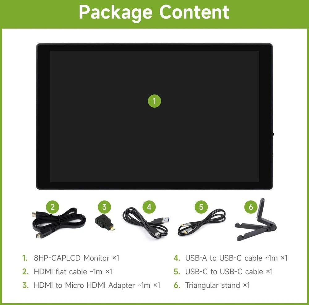 Monitorius Waveshare 8 colių talpinis jutiklinis ekranas, plati spalvų gama, 1280 x 800, optiškai sujungtas grūdinto stiklo skydelis, hdmi/type-c ekrano sąsaja, su garsu, kompiuterio dvigubas ekranas bendradarbiavimui