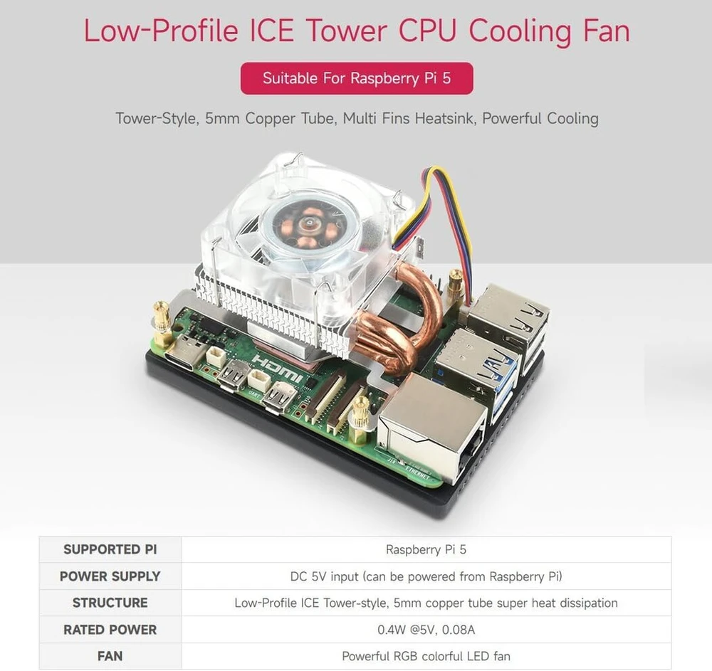 Waveshare aušinimo ventiliatoriaus radiatorius, suderinamas su Raspberry Pi 5, žemo profilio Ice Tower Cpu aušinimo ventiliatorius, u formos varinis vamzdelis, aušinimo briaunos, aušintuvas su spalvingu rgb led