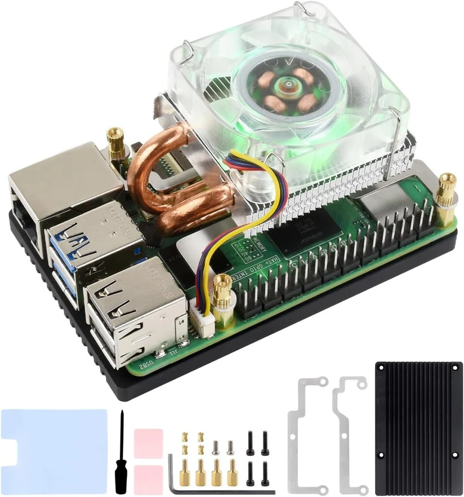 Waveshare aušinimo ventiliatoriaus radiatorius, suderinamas su Raspberry Pi 5, žemo profilio Ice Tower Cpu aušinimo ventiliatorius, u formos varinis vamzdelis, aušinimo briaunos, aušintuvas su spalvingu rgb led