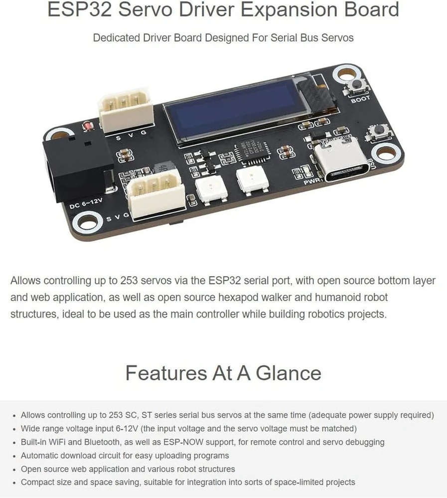 Waveshare Esp32 servo variklio plėtimo plokštė su integruotu wifi ir bluetooth, skirta nuosekliosios magistralės servo varikliams