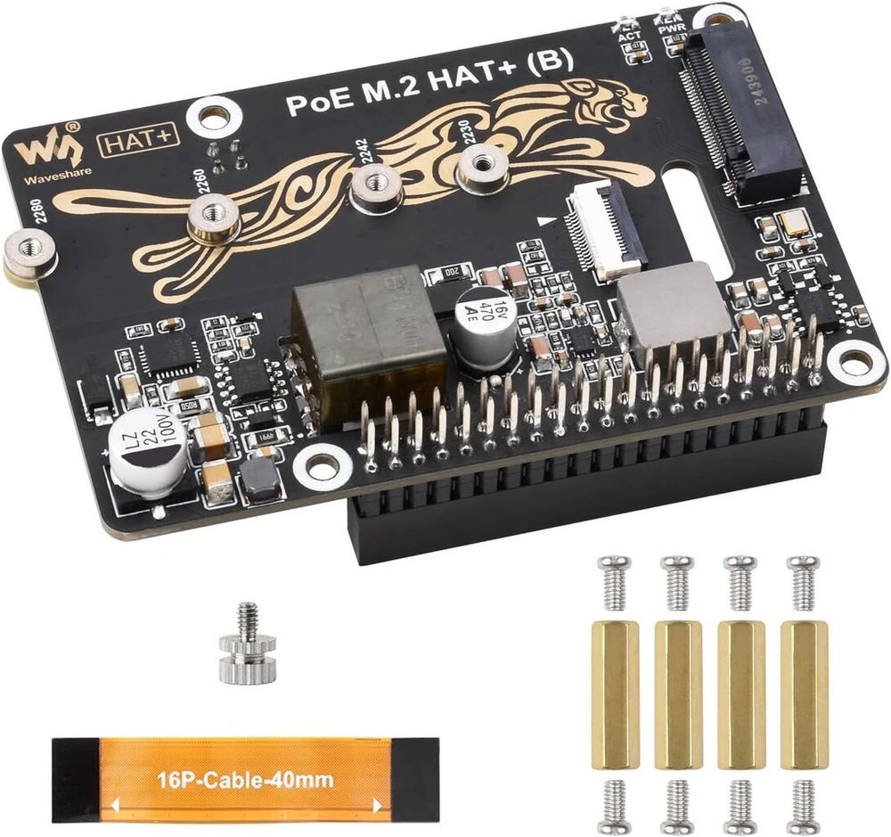 Waveshare Pcie į M.2 adapteris su Poe funkcija Hat+ (b), suderinamas su Raspberry Pi 5, palaiko Poe Nvme diskų protokolą 2230/2242/2260/2280 M.2 Ssd, didelės spartos skaitymas/rašymas