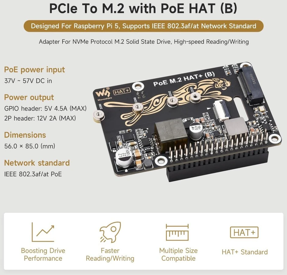 Waveshare Pcie į M.2 adapteris su Poe funkcija Hat+ (b), suderinamas su Raspberry Pi 5, palaiko Poe Nvme diskų protokolą 2230/2242/2260/2280 M.2 Ssd, didelės spartos skaitymas/rašymas