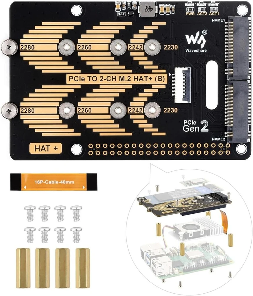 Waveshare Pcie M.2 Hat+ adapteris Raspberry Pi 5, 2x Nvme