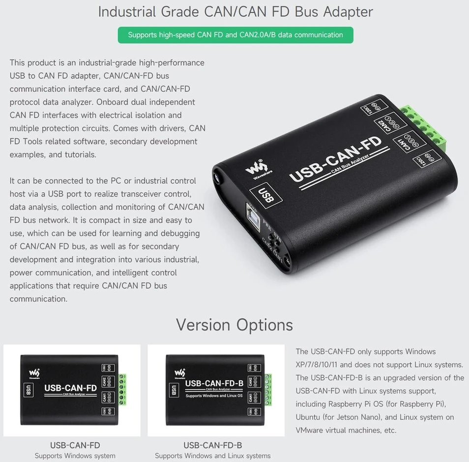 Waveshare Pramoninės klasės Can/can Fd magistralės duomenų analizatorius, Usb į Can Fd adapteris, Can/can Fd magistralės komunikacijos sąsajos plokštė, Can/can Fd protokolo duomenų analizatorius, palaiko Windows ir Linux