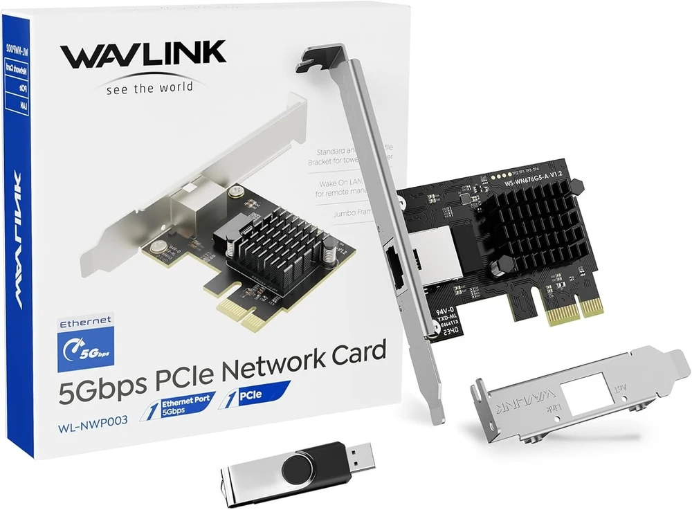 Wavlink 5g Base-t Pcie tinklo plokštė, 5000/2500/1000 Mbps Pci Express ethernet adapteris su Rtl8126, 5g Nic, skirtas Windows 11/10/8/8.1/7 ir Linux su žemo profilio laikikliu