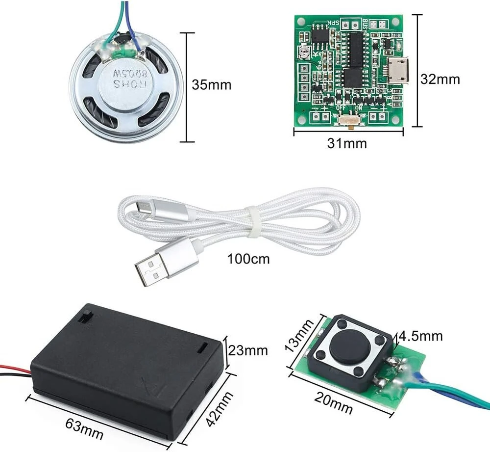 Wayintop mp3 garso lusto modulis, įrašomas programuojamas muzikos garso modulis 8 mb, atsisiunčiamas per usb, įkraunamas su aa baterijų dėžute ir micro usb laidu "pasidaryk pats" dovanai