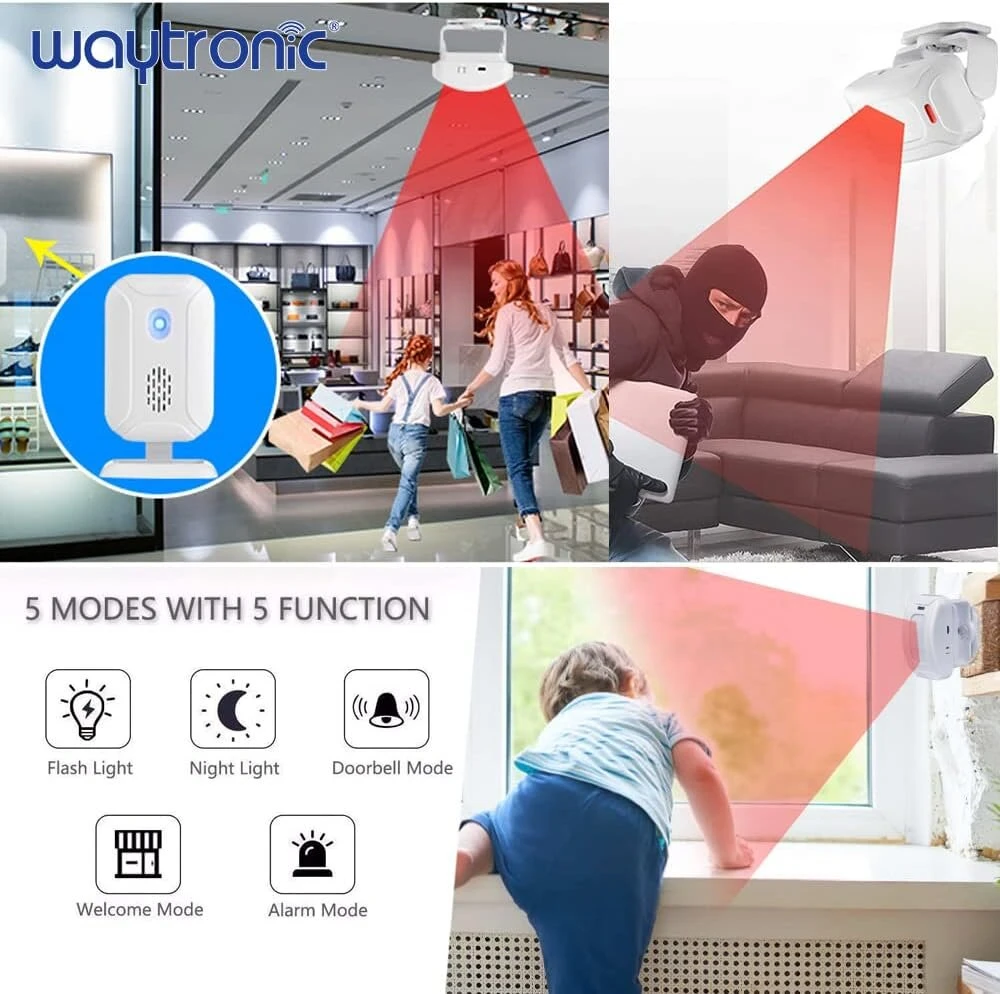 Waytronic belaidis pir judesio jutiklio apsaugos signalizacija 2 jutikliai ir 1 imtuvas 8 m aptikimo diapazonas naktinė lemputė 36 skambėjimo tonai 5 pasveikinimo garsai tvirtinamas prie sienos