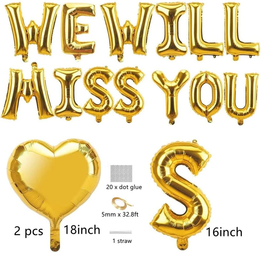 "we Will Miss You" balionų vėliavėlių rinkinys, "we Will Miss You" baneris, atsisveikinimo vakarėlio dekoracijos, priedai, atsisveikinimo vakarėlis, išėjimo į pensiją vakarėlis, darbo vakarėlis biure, išleistuvių dekoracija (auksinė)