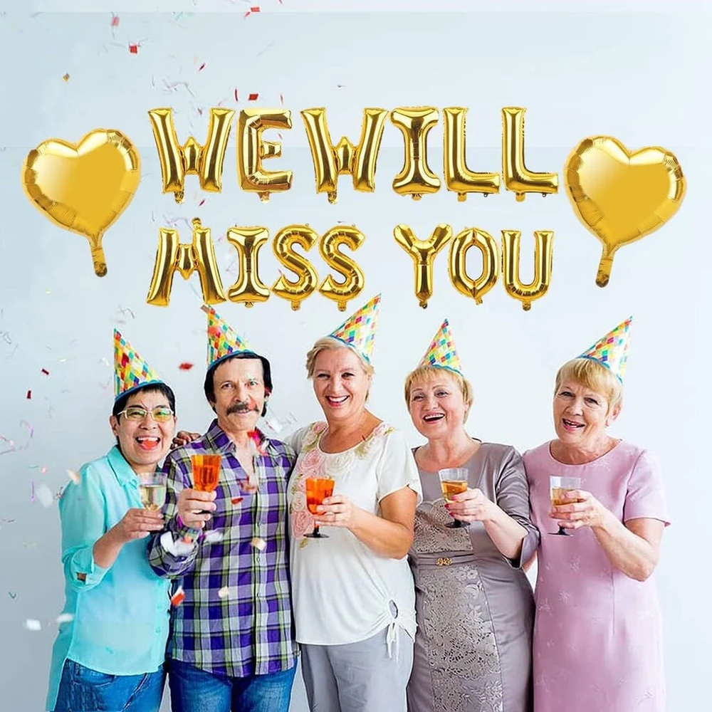 "we Will Miss You" balionų vėliavėlių rinkinys, "we Will Miss You" baneris, atsisveikinimo vakarėlio dekoracijos, priedai, atsisveikinimo vakarėlis, išėjimo į pensiją vakarėlis, darbo vakarėlis biure, išleistuvių dekoracija (auksinė)
