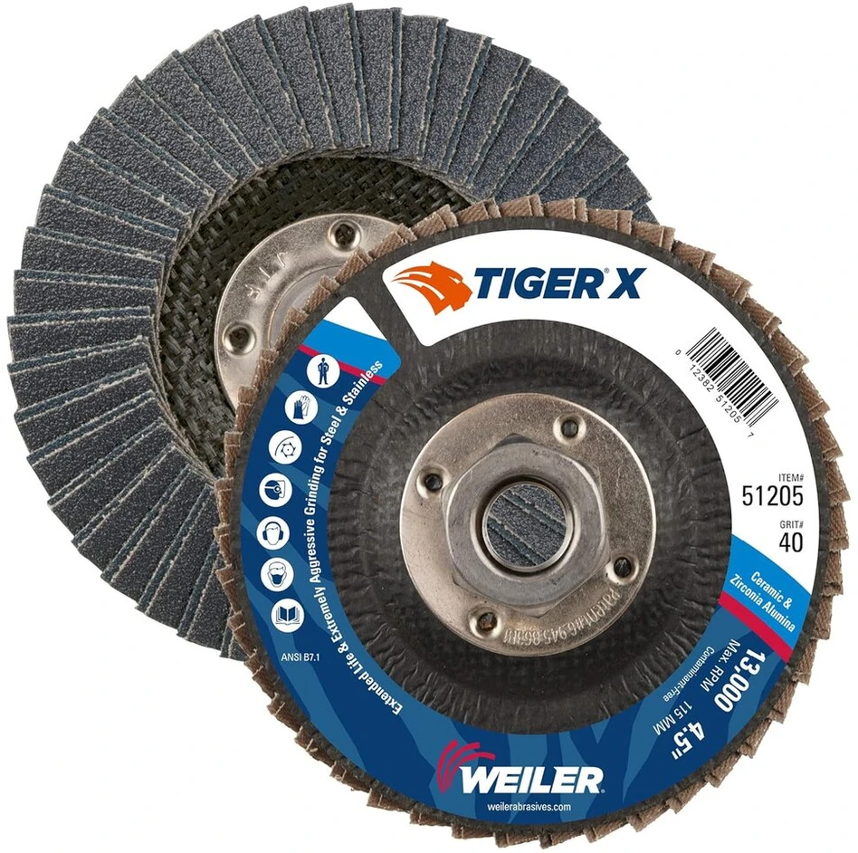 Weiler 51205 Tiger X Ceramic ir Cubic Zirconia lamelinis diskas, aliuminio oksido, kampuotas fenolio pagrindas, 40 grūdėtumas, 11 Unc veržlė (10 vnt.)