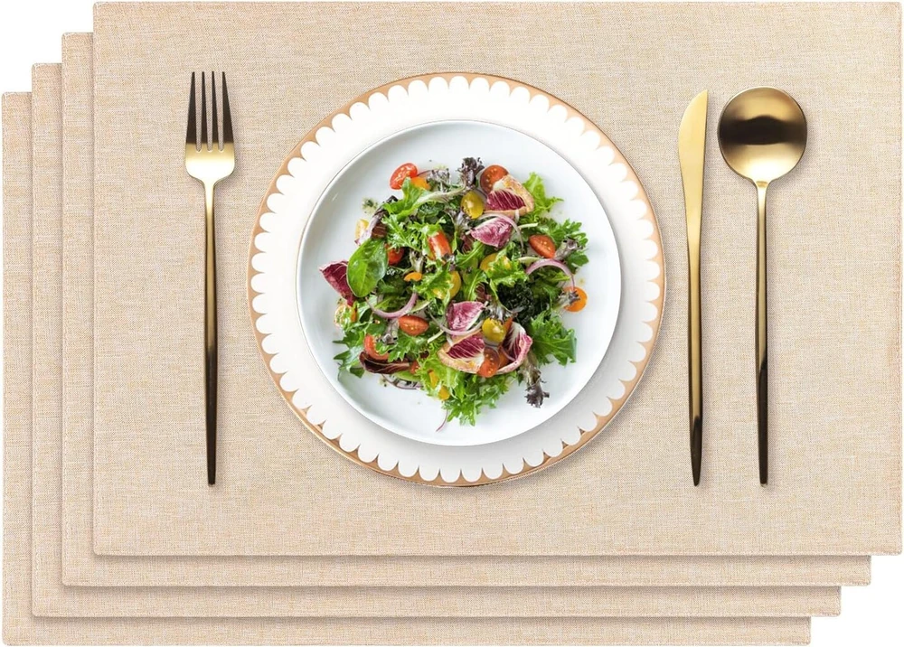 Weldomcor skalbiamos lininės servetėlės, 4 vnt., atsparios karščiui, dvipusės siuvimo servetėlės namų vakarienėms, virtuvei, restoranui ir viešbučiui (smėlio spalvos)