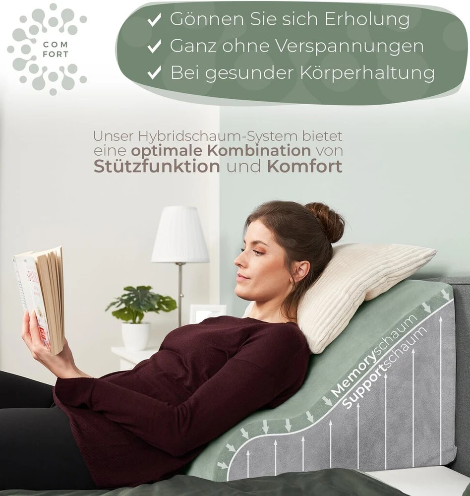 Well B4 ergonomiška pagalvė skaitymui lovoje ir ant sofos - patogi nugaros pagalvė su atminties putomis - gali būti naudojama kaip refliukso pagalvė, pleišto pagalvė lovai, atlošas lovoje sėdint ir gulint - pilka