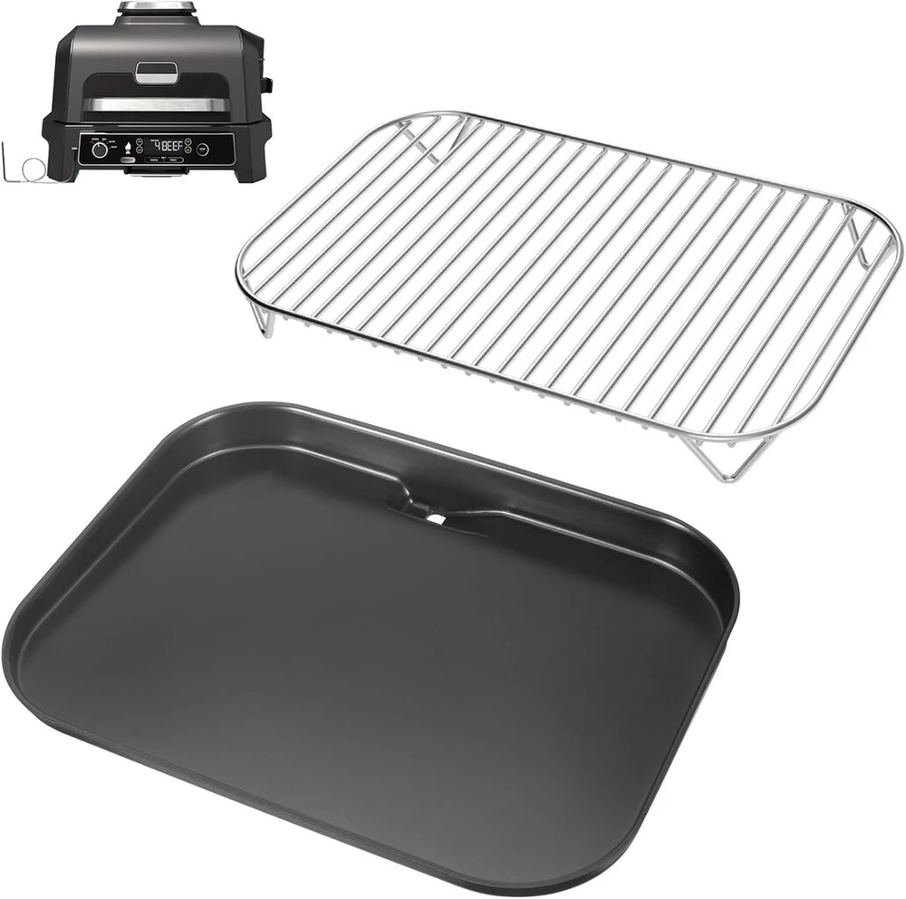 Well grill plokščia kepimo plokštė ir grotelės, skirtos ninja woodfire og701eu serijai, plancha kepimo plokštė ir nerūdijančio plieno grotelių priedai, skirti ninja wood fire elektriniam griliui, xskgrdplteu, cb350eu