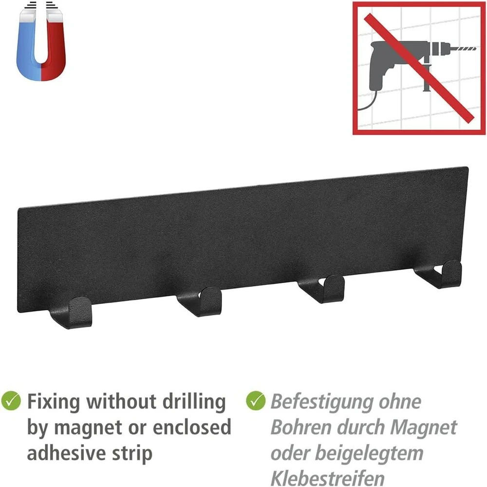 Wenko Ima magnetinė pakaba, juoda, lauko virtuvės priedai su 4 kabliukais tekstilei ir kepsninės reikmenims kabinti, greitas tvirtinimas be gręžimo ant metalinių paviršių, 30 x 6,5 x 2 cm