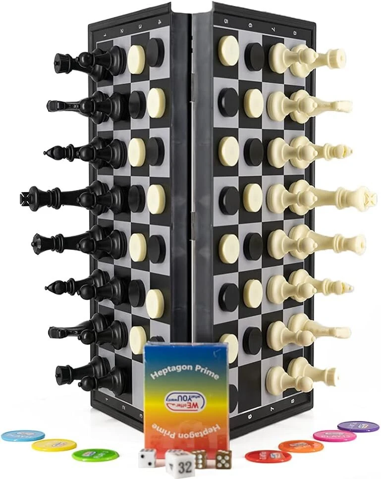 Weofferwhatyouwant magnetinis šachmatų žaidimas 4-in-1 - kelioninis rinkinys su dama, nardais ir kortų žaidimu - 36 cm sulankstoma lenta - didelės figūros su svoriu - vaikams ir suaugusiems - puiki dovana