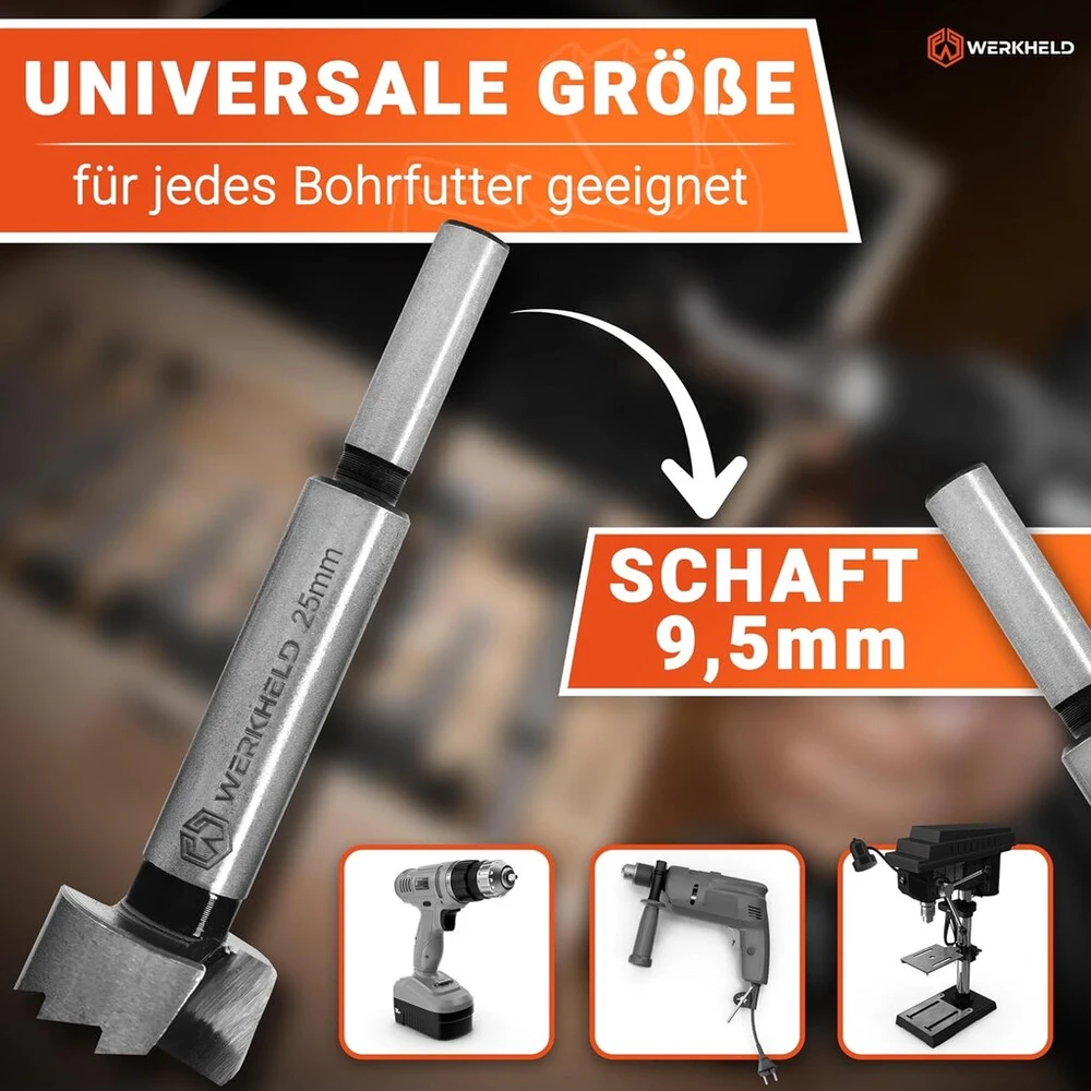 Werkheld® Forstner grąžtų rinkinys [tikslus ir ypač grūdintas] - 13 skirtingų grąžtų skylėms gręžti nuo 10 iki 60 mm visų tipų medienai [su dėžute laikymui]