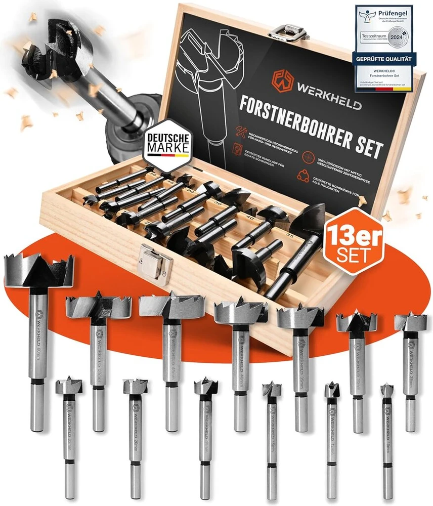 Werkheld® Forstner grąžtų rinkinys [tikslus ir ypač grūdintas] - 13 skirtingų grąžtų skylėms gręžti nuo 10 iki 60 mm visų tipų medienai [su dėžute laikymui]