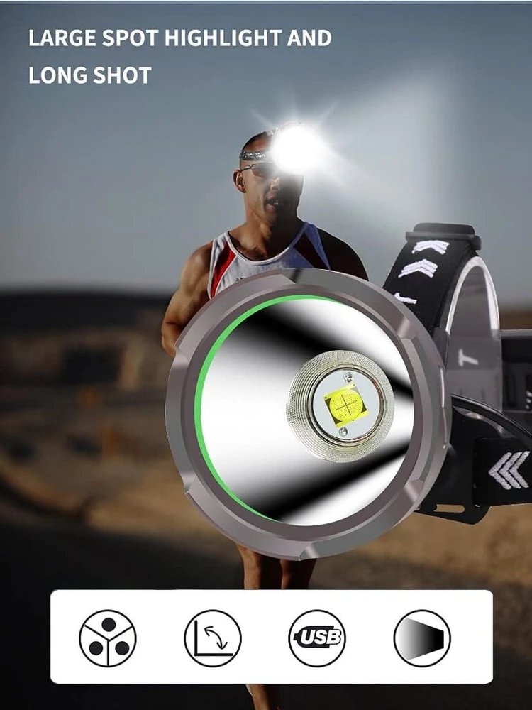 Weslite įkraunamas Led galvos žibintas 15000 liumenų prožektorius 4 režimai Xhp90 Cob Led galvos žibintas tolimojo nuotolio aliuminio korpuso galvos žibintas Usb skirtas stovyklavimui žvejybai žygiams (didelis)