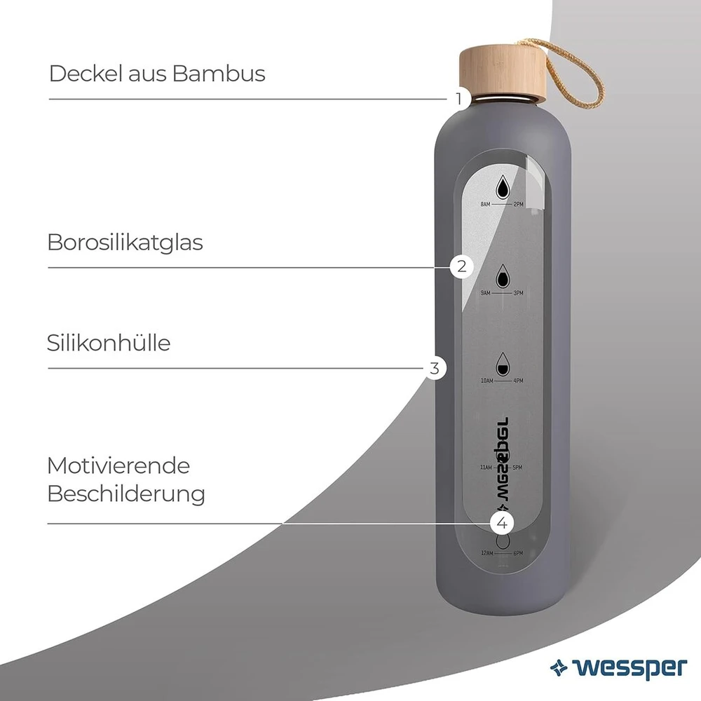 Wessper stiklinė gertuvė 1l su laiko žymomis, Bpa-free, atspari karščiui