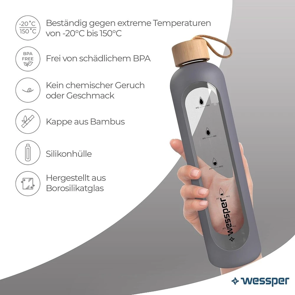 Wessper stiklinė gertuvė 1l su laiko žymomis, Bpa-free, atspari karščiui