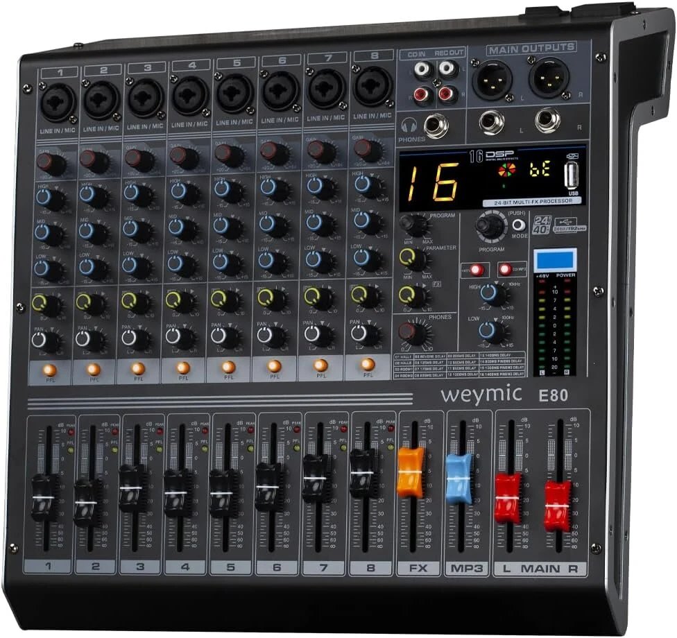 Weymic E-series profesionalus mikšeris įrašymui Dj scenos karaoke muzikos aplikacijoms su Usb jungtimi kompiuterio įrašymui, Xlr mikrofono lizdas, 48v maitinimas profesionalams (8 kanalų)