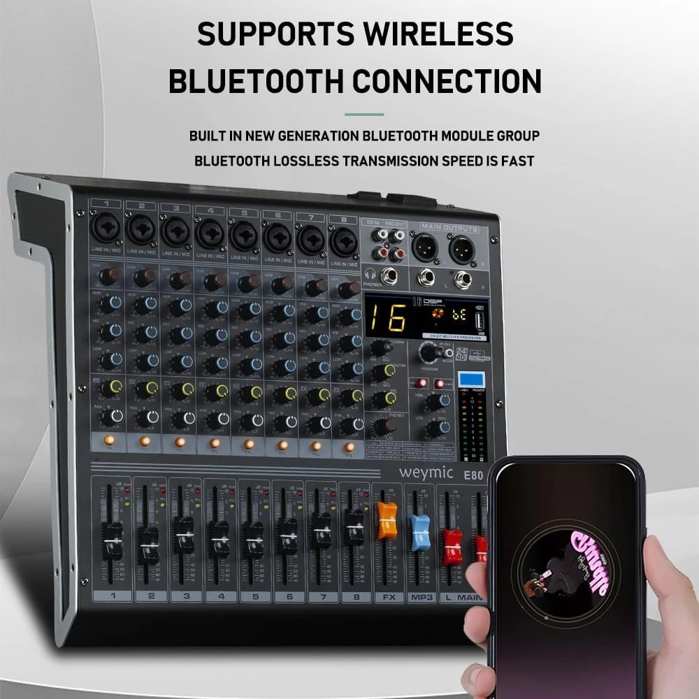 Weymic E-series profesionalus mikšeris įrašymui Dj scenos karaoke muzikos aplikacijoms su Usb jungtimi kompiuterio įrašymui, Xlr mikrofono lizdas, 48v maitinimas profesionalams (8 kanalų)