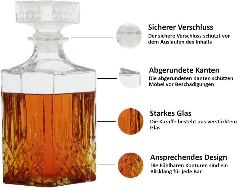 Whiskey grafinas su kamščiu 900 ml viskio dekanteris butelis stiklinis grafinas konjakui škotiškam brendžiui chereso stiklinis uždarymas kontūrai a x p x g 23,5 x 9 x 9 cm