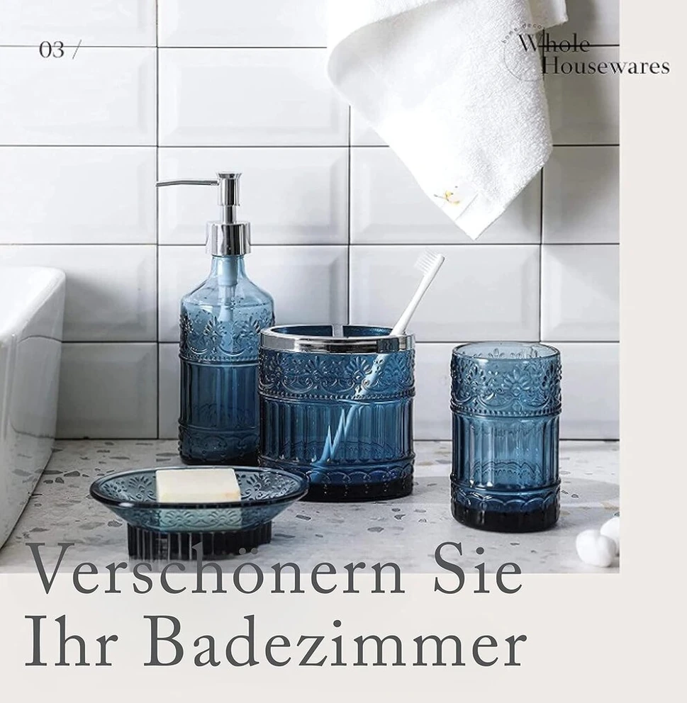 Whole Housewares | Vonios kambario rinkinys | 4 dalių vonios aksesuarų rinkinys | Muilo dozatorius, padėklas, stiklinė, dantų šepetėlių laikiklis | Mozaikinis stiklas (mėlynas)