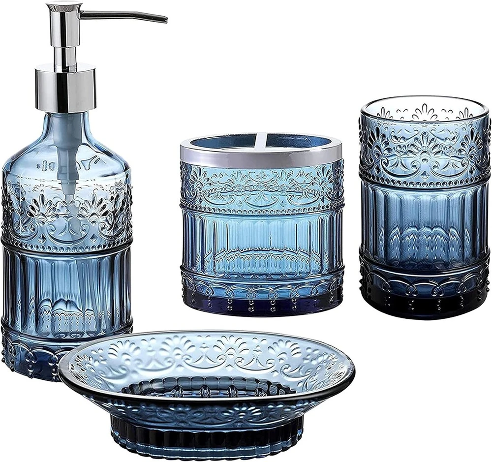 Whole Housewares | Vonios kambario rinkinys | 4 dalių vonios aksesuarų rinkinys | Muilo dozatorius, padėklas, stiklinė, dantų šepetėlių laikiklis | Mozaikinis stiklas (mėlynas)