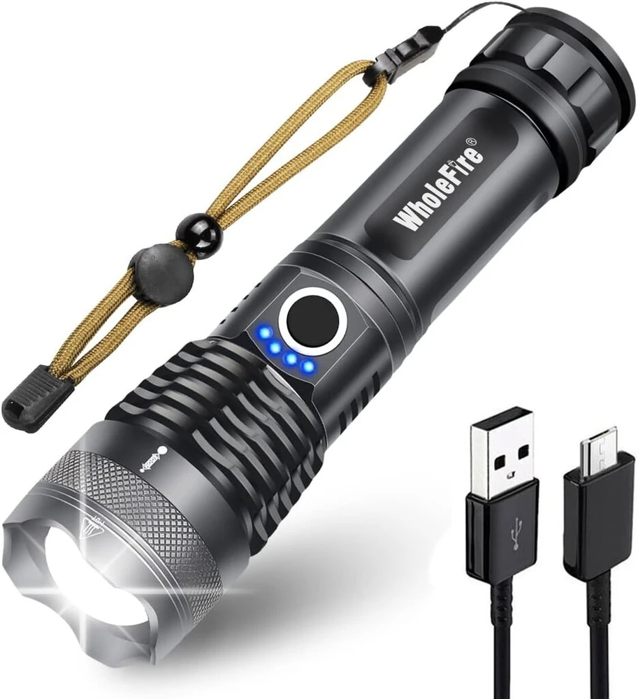 Wholefire žibintuvėlis, itin ryškus 10000 liumenų led žibintuvėlis, įkraunamas usb, su įkraunama baterija, ipx65 atsparus vandeniui žibintuvėlis su 5 šviesos režimais