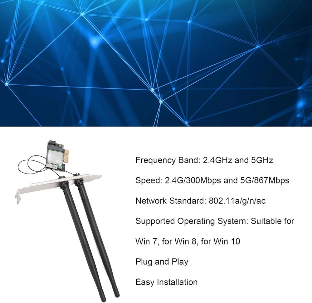 Wi-fi kortelė Pcie belaidžio Wi-fi tinklo adapterio kortelė stacionariam kompiuteriui Windows 8/10/11, 2.4g 5g 867mbps dviejų dažnių 5g tinklo kortelė (nuimama antena)