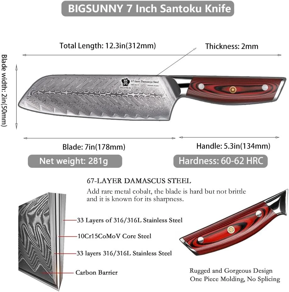 Wildmok Damaskinis Santoku peilis, 17,8 cm aštrus profesionalus peilis mėsai ir daržovėms, japoniškas daugiafunkcis azijietiškas peilis, pagamintas iš Super Vg10 plieno su pilnos apimties G10 rankena, Song serija