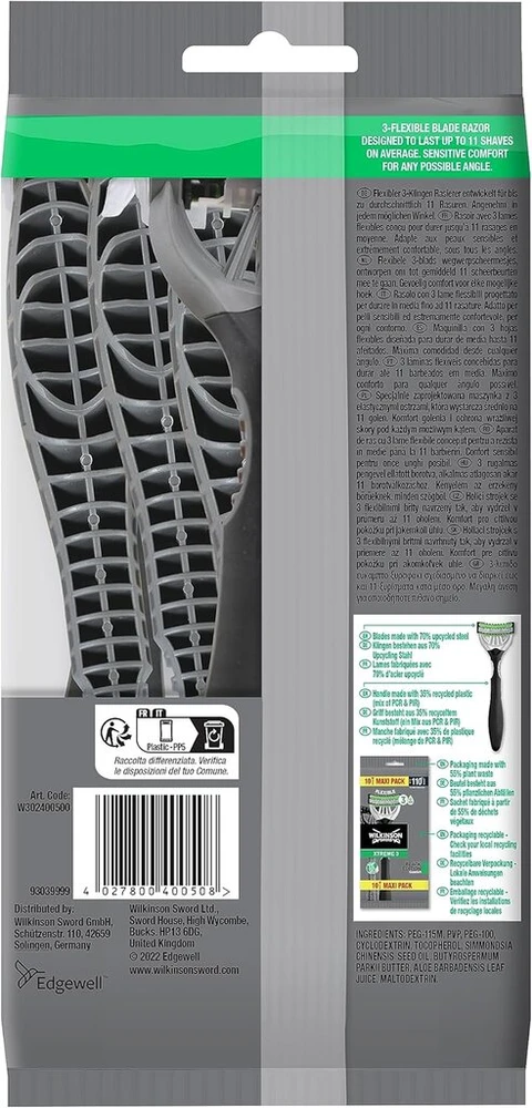 Wilkinson Sword Xtreme 3 Juodas Edition vienkartiniai skustuvai - 10 vnt. pakuotė, 3 ašmenys su lanksčia galvute, lanksti komforto technologija, pilna apsauga skutantis