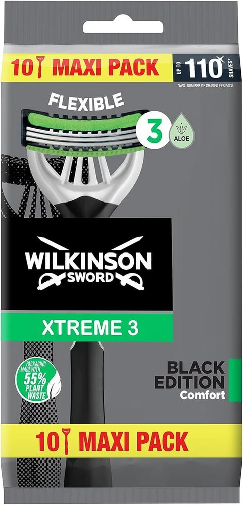 Wilkinson Sword Xtreme 3 Juodas Edition vienkartiniai skustuvai - 10 vnt. pakuotė, 3 ašmenys su lanksčia galvute, lanksti komforto technologija, pilna apsauga skutantis
