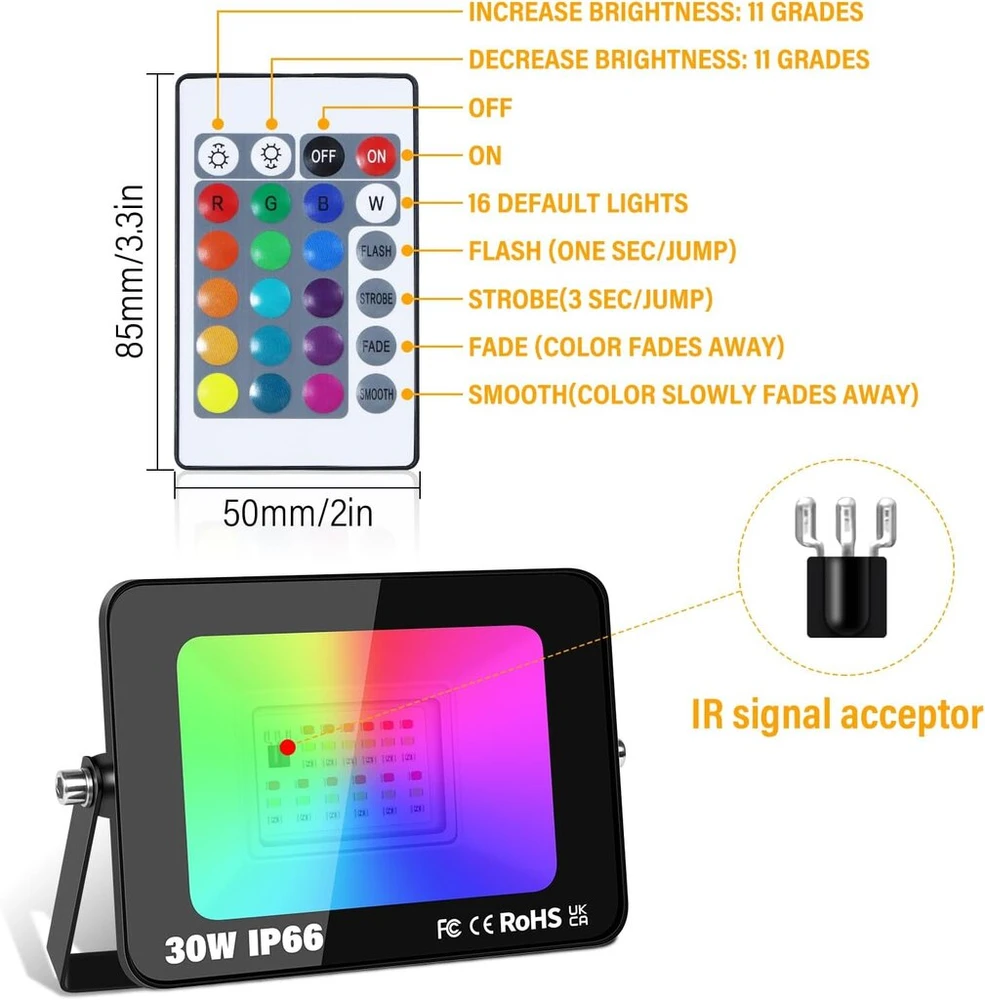 Willpower 30 W 3000 Lm Rgb Led prožektorius su nuotolinio valdymo pulteliu, Led prožektorius su atminties funkcija, pritemdomas spalvų keitimas, 16 spalvų, 4 režimai, Ip66 vandeniui atsparus Led prožektorius lauko vidaus