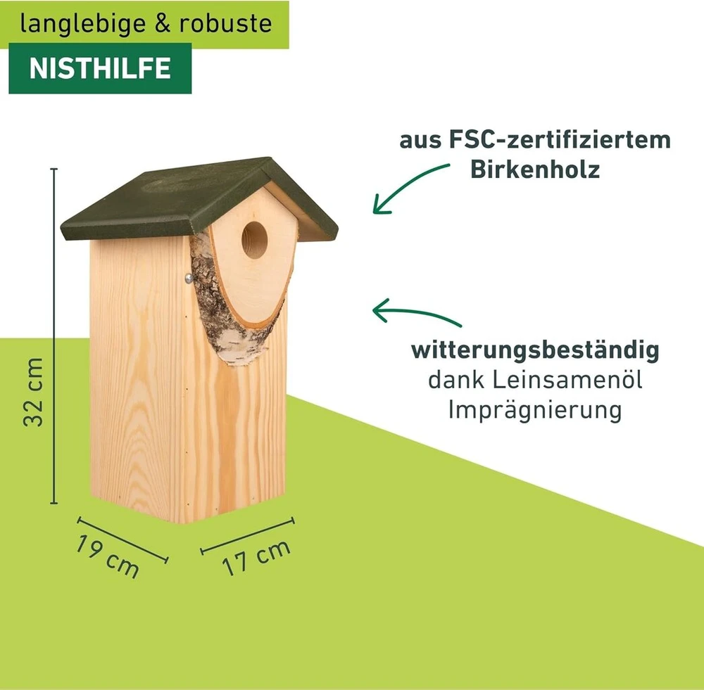 Windhager inkilas mountain lodge, įėjimo skylės skersmuo 33 mm, pagamintas iš beržo medienos, paukščių namelis zylėms ir paprastosioms raudonuodegėms, pakabinamas paukščių inkilas, inkilas paukščiams, pagalba perinimui
