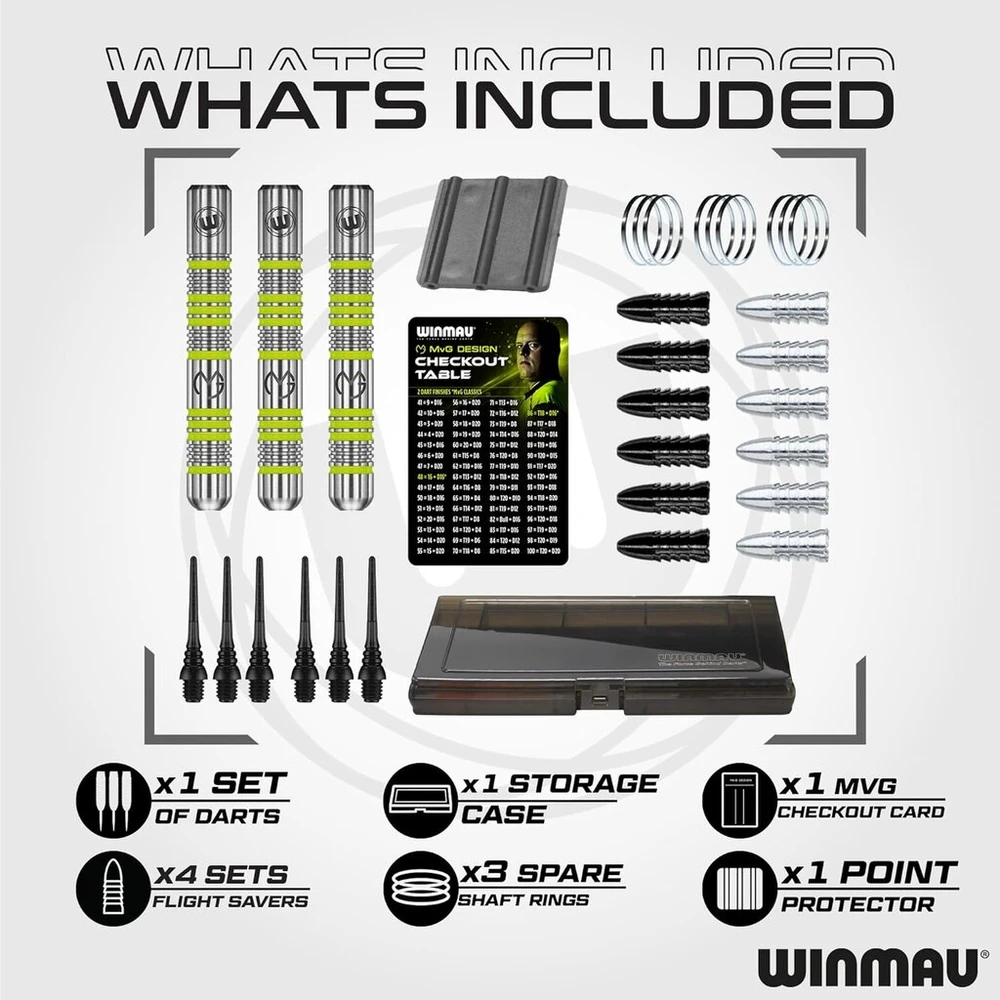 Winmau Michael Van Gerwen Mvg dovanų rinkiniai - 50 dalių smiginio rinkinys su 4 kotelių rinkiniais, 4 plunksnelių rinkiniais ir priedais