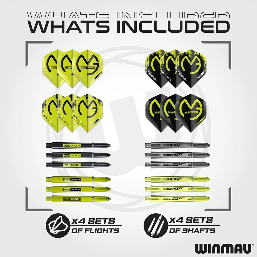 Winmau Michael Van Gerwen Mvg dovanų rinkiniai - 50 dalių smiginio rinkinys su 4 kotelių rinkiniais, 4 plunksnelių rinkiniais ir priedais