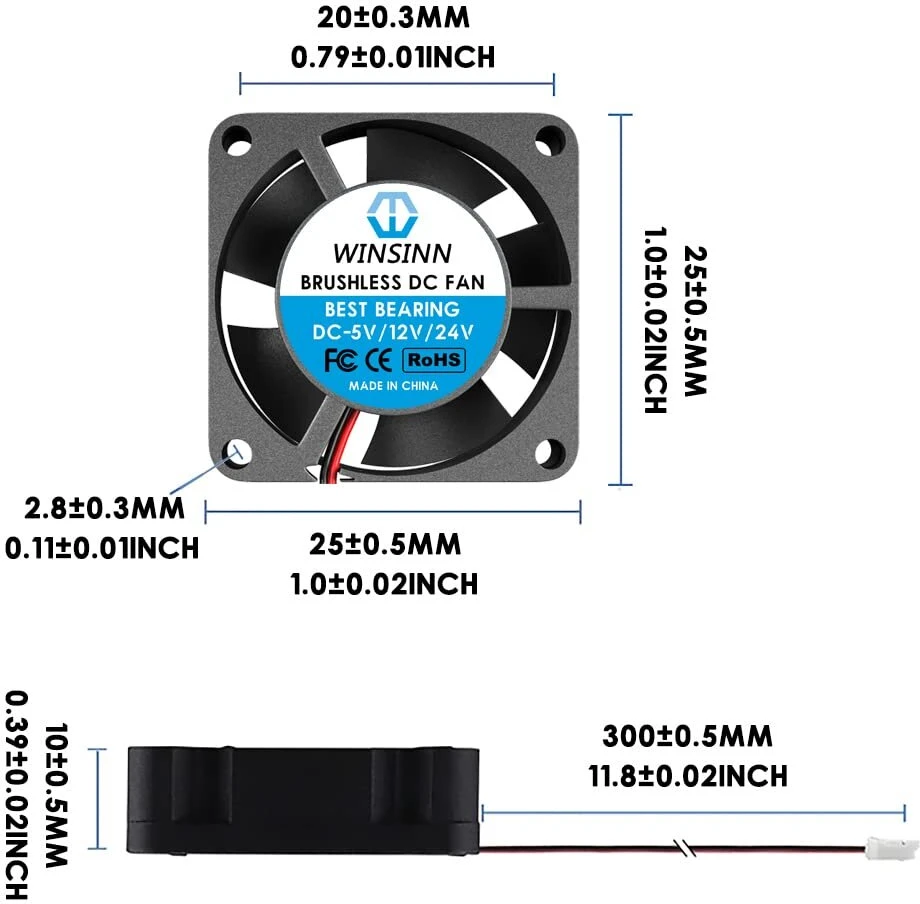 Winsinn 24v Dc Ventiliatorius 25x10mm, dvigubi guoliai, 9500 Rpm (5 vnt.)