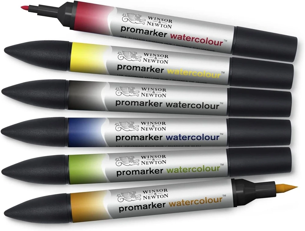 Winsor & Newton 0290164 Promarker Watercolour Marker - 2 antgaliai, teptukas ir plonas antgalis, neblunkantys, labai pigmentuoti akvareliniai dažai kaligrafijai, piešiniams, 6 spalvų rinkinys, pagrindinės spalvos