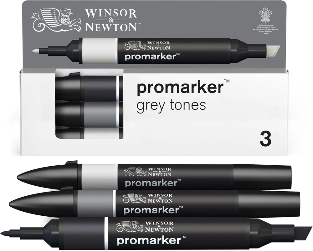 Winsor & Newton 0290185 Promarker rinkinys – pilki tonai, 3 Layout markeriai rinkinyje, su 2 antgaliais, plonas ir platus piešiniams, dizainui ir maketams
