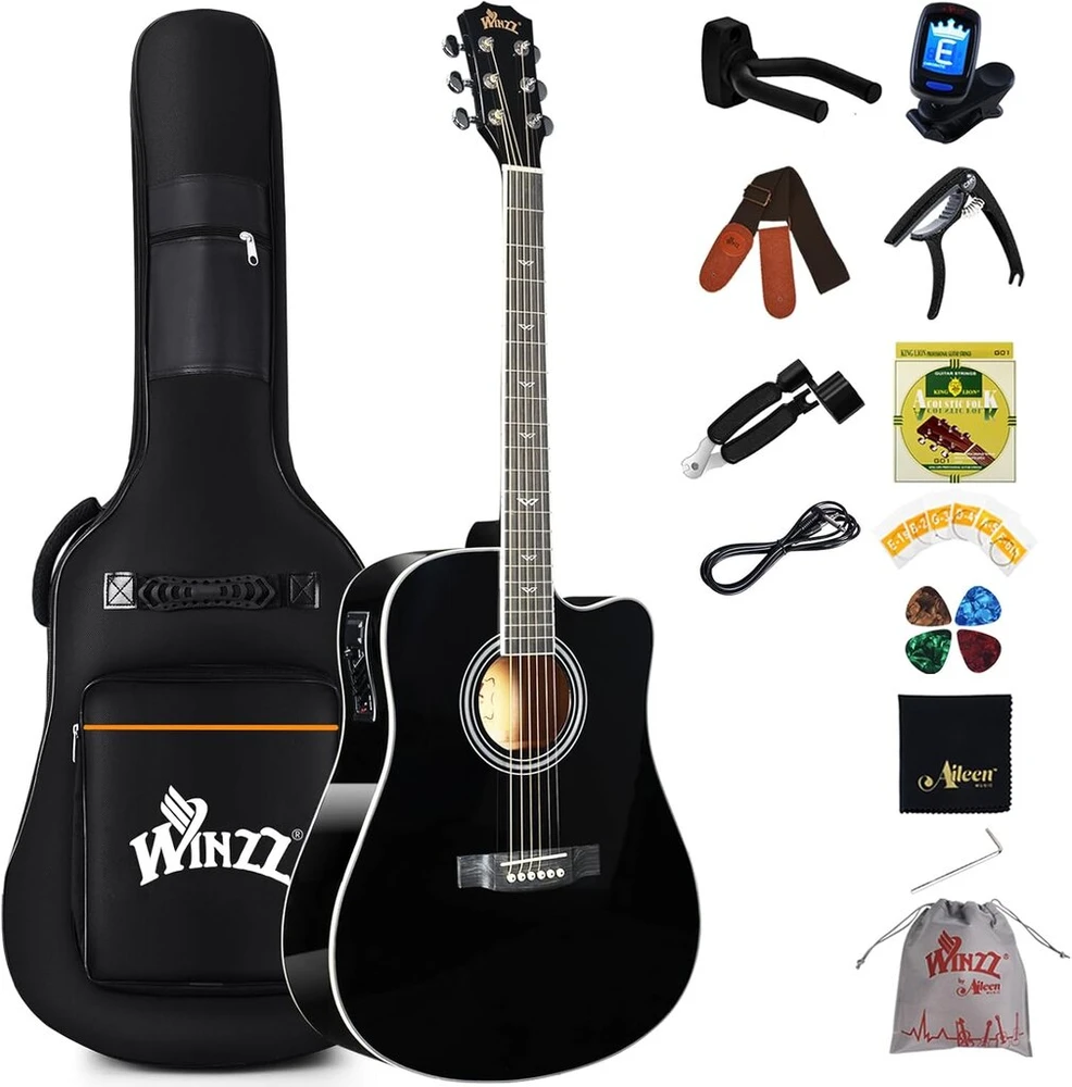 Winzz 4/4 elektroakustinė gitara, vakarietiškos gitaros rinkinys suaugusiems ir pradedantiesiems, akustinė gitara 41 colio su 4 juostų ekvalaizeriu (dreadnought, blizgi, juoda)