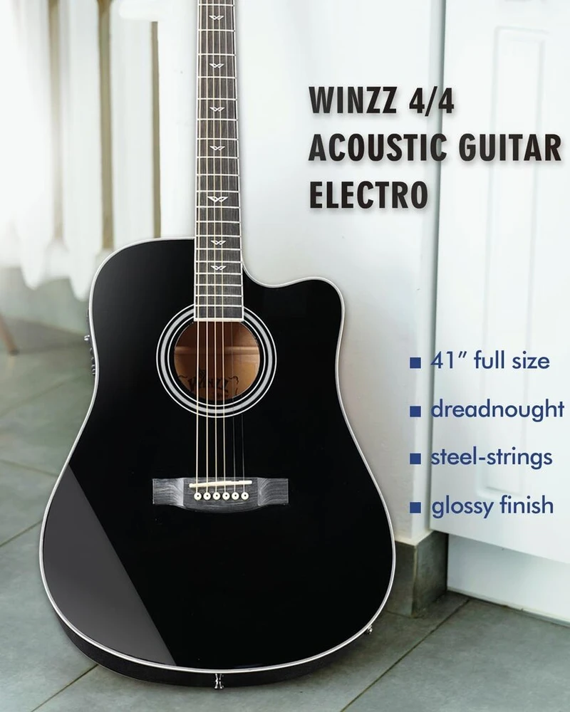 Winzz 4/4 elektroakustinė gitara, vakarietiškos gitaros rinkinys suaugusiems ir pradedantiesiems, akustinė gitara 41 colio su 4 juostų ekvalaizeriu (dreadnought, blizgi, juoda)