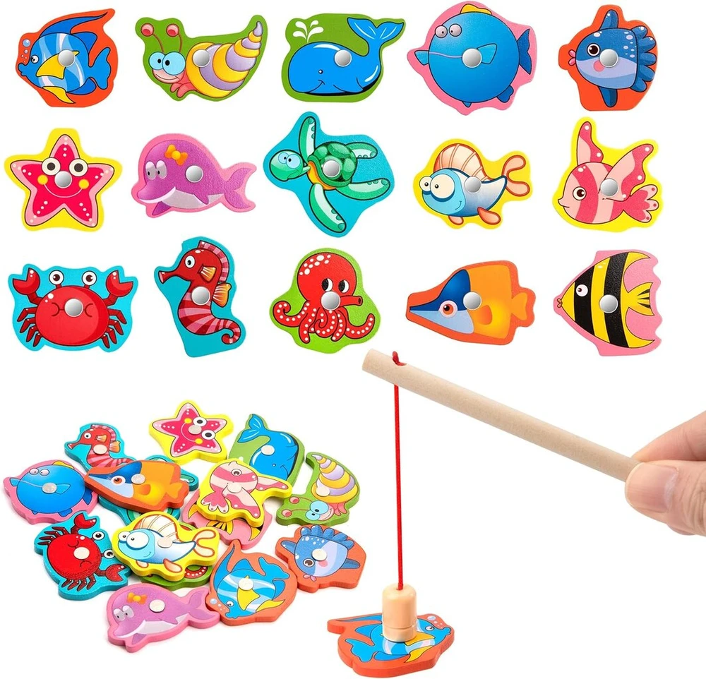 Wisplye magnetinis žvejybos žaidimas, vaikiškas žaislas pagamintas iš medžio, montessori medinis žaislas, magnetinis žaidimas, smulkiosios motorikos lavinimo žaislas, dovana berniukams ir mergaitėms nuo 2 3 4 metų (mėlynas)