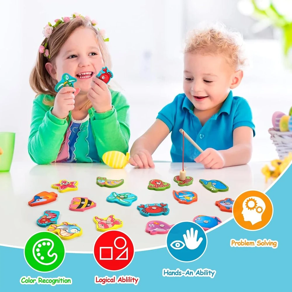 Wisplye magnetinis žvejybos žaidimas, vaikiškas žaislas pagamintas iš medžio, montessori medinis žaislas, magnetinis žaidimas, smulkiosios motorikos lavinimo žaislas, dovana berniukams ir mergaitėms nuo 2 3 4 metų (mėlynas)
