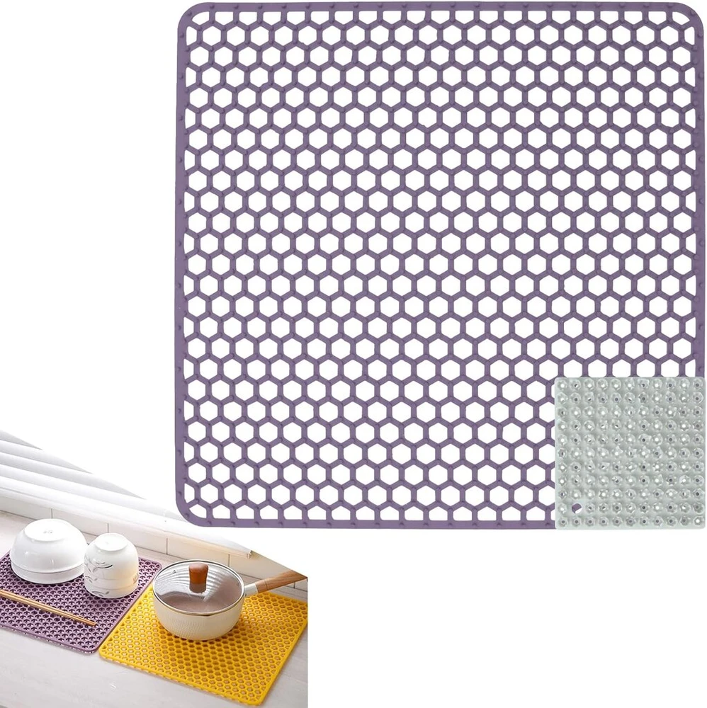 Wkmamo didelis kriauklės kilimėlis 34,5 x 34,5 cm, violetinis silikoninis kriauklės įdėklas, sulankstomas neslystantis kriauklės kilimėlis, kriauklės kilimėlis su valymo šepečiu (violetinis)