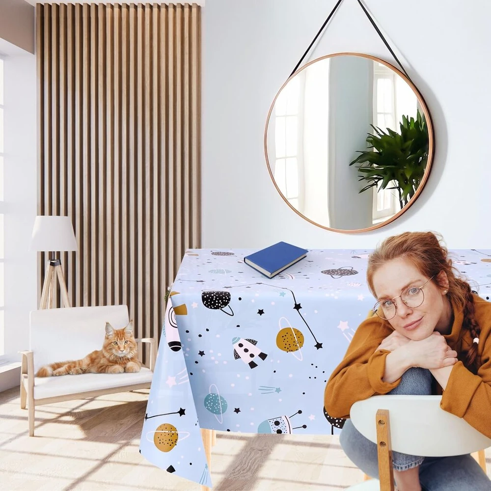 Wlemoe Kp home mėlyna pvc valoma staltiesė - stačiakampė aliejinė staltiesė vaikams 200 x 140 cm - vandeniui atspari plastikinė raketų kosmoso staltiesė vidaus patalpoms - vinilinė aliejinė staltiesė vaikams