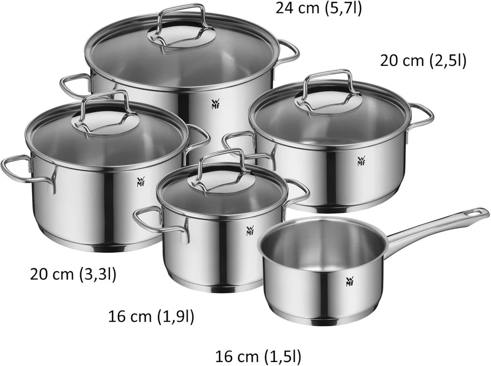 Wmf Astoria Vorteils 5 dalių indukcinis puodų rinkinys su stikliniu dangčiu, poliruotas cromargan nerūdijantis plienas, indukciniai puodai, nepadengti